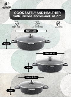 Life Smile LIFE SMILE Shallow Pots Set with Lid | 100% PFOA FREE | Non Stick Granite Coating Frying Pans set | Oven Safe | Double Handle (Black (Induction Base), 24/28/32 CM)  - Image 4