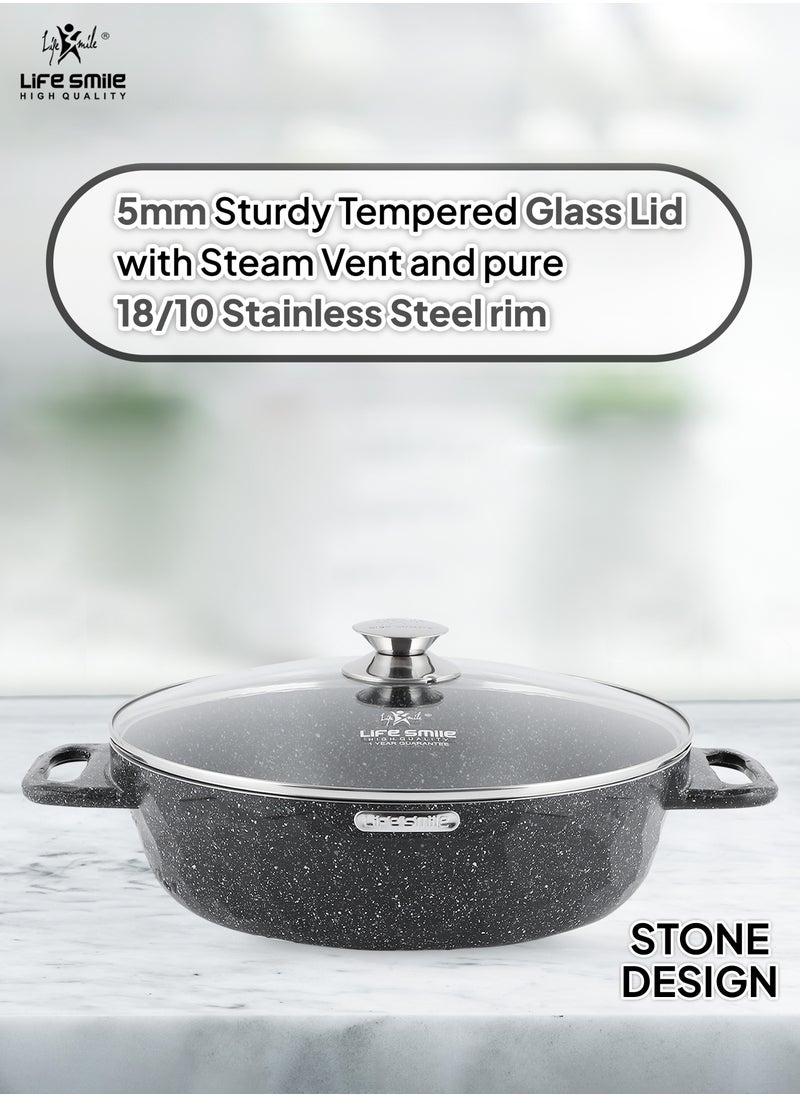Life Smile - LIFE SMILE Shallow Pots Set with Lid | 100% PFOA FREE | Non Stick Granite Coating Frying Pans set | Oven Safe | Double Handle (Black (Induction Base), 24/28/32 CM) - Image 1