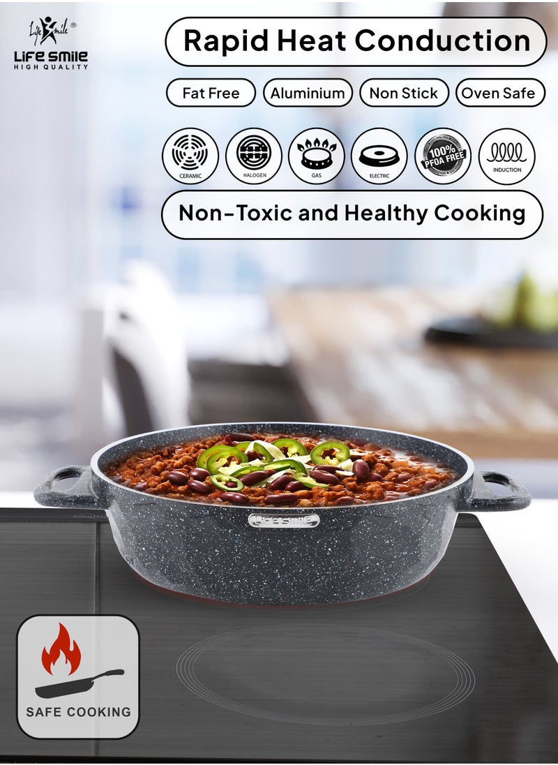 Life Smile - LIFE SMILE Shallow Pots Set with Lid | 100% PFOA FREE | Non Stick Granite Coating Frying Pans set | Oven Safe | Double Handle (Black (Induction Base), 24/28/32 CM) - Image 1