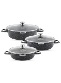 Life Smile LIFE SMILE Shallow Pots Set with Lid | 100% PFOA FREE | Non Stick Granite Coating Frying Pans set | Oven Safe | Double Handle (Black (Induction Base), 24/28/32 CM)  - Image 1