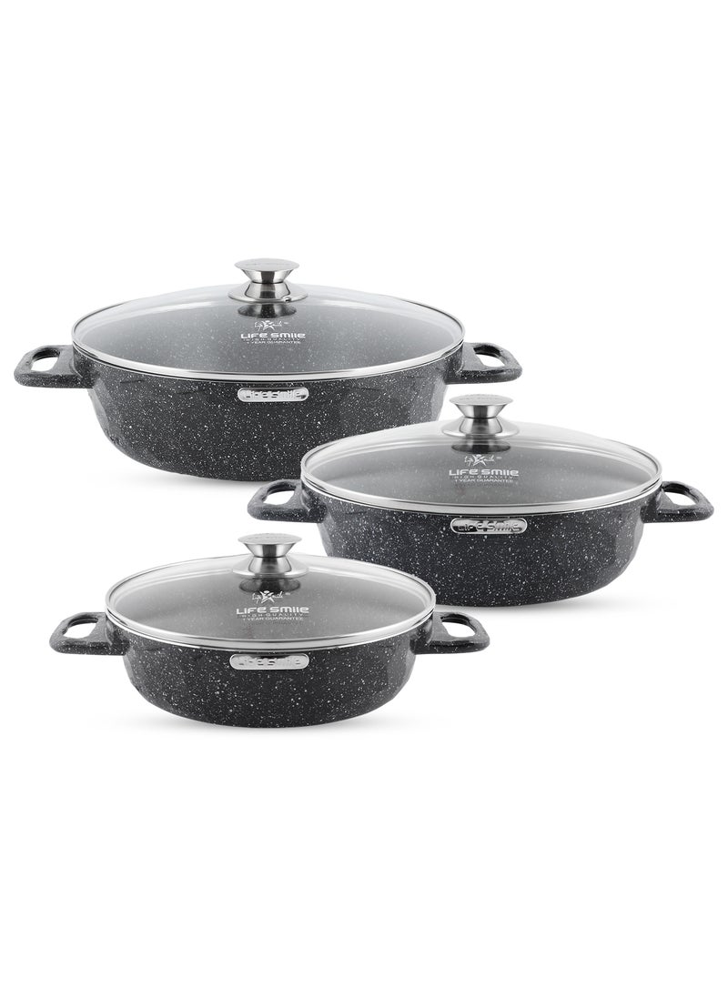 Life Smile - LIFE SMILE Shallow Pots Set with Lid | 100% PFOA FREE | Non Stick Granite Coating Frying Pans set | Oven Safe | Double Handle (Black (Induction Base), 24/28/32 CM) - Image 1