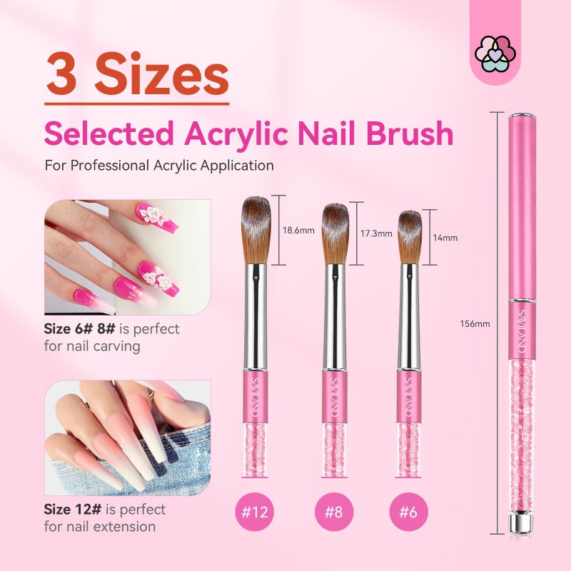 SAVILAND 3pcs Acrylic Nail Brush Set: Size 6,8,12 Professional Nail Brushes for Acrylic Application Acrylic Powder Nail Art Extension & 3D Carving Manicure Tools for Beginners Home DIY - Image 5