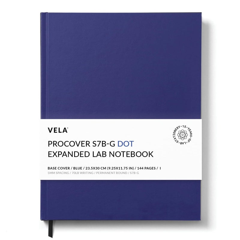 Vela Sciences Advanced S7B-G Expanded ProCover Lab Notebook, 9.25 x 11.75 in (23.5 x 30 cm), 144 Pages, Blue Synthetic Leather, Permanent Bound, 70lb Heavyweight Paper (1-Pack, Dot) - Image 4
