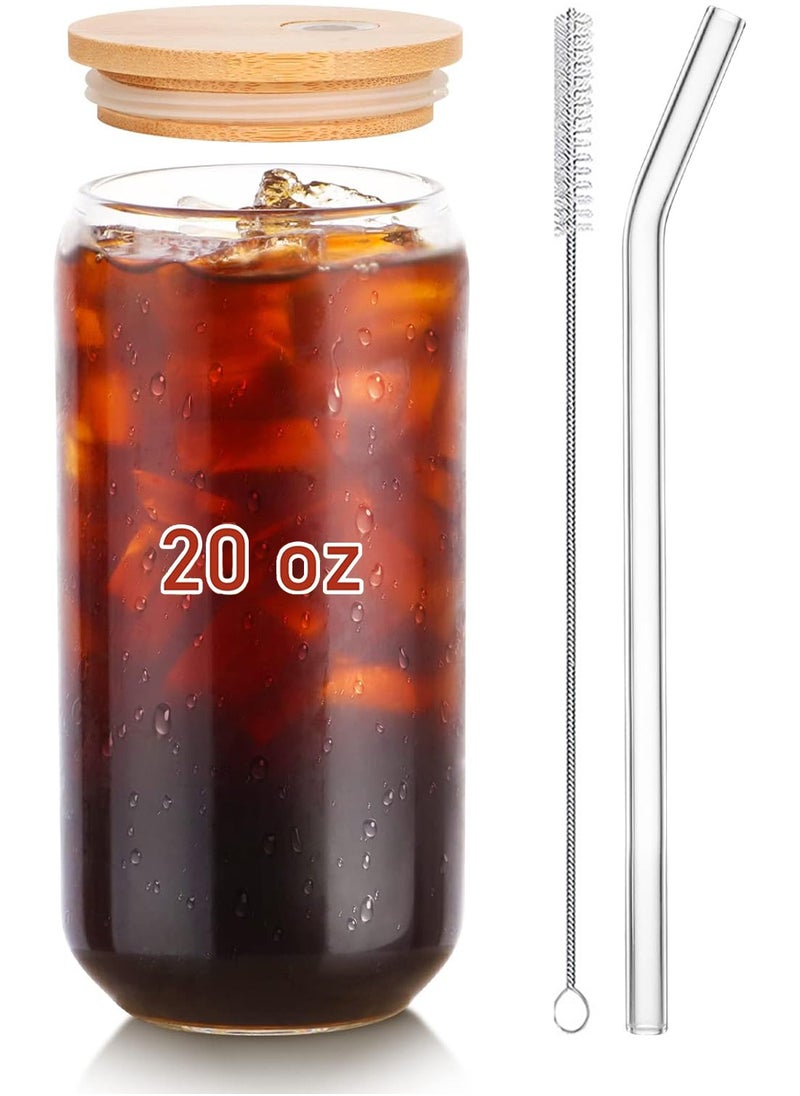 DAMCONME 20 OZ Glass Cups with Bamboo Lids and Glass Straw - 1Pack Coffee Cups with Lids,Beer Can Shaped Drinking Glasses Set, Iced Coffee Glasses, Cute Tumbler Cup, Aesthetic Coffee Bar Accessories  - Image 1
