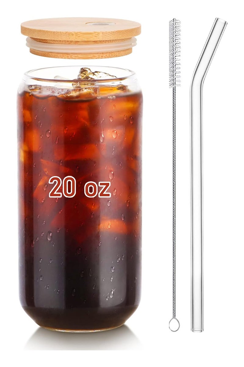 DAMCONME 20 OZ Glass Cups with Bamboo Lids and Glass Straw - 1Pack Coffee Cups with Lids,Beer Can Shaped Drinking Glasses Set, Iced Coffee Glasses, Cute Tumbler Cup, Aesthetic Coffee Bar Accessories - Image 1