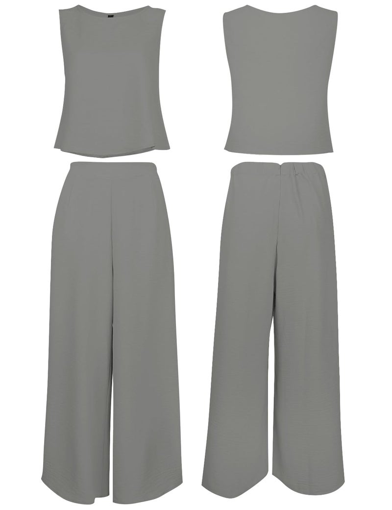 ROYLAMP Women's Summer 2 Piece Outfits Round Neck Crop Basic Top Cropped Wide Leg Pants Set Jumpsuits Gray S - Image 5