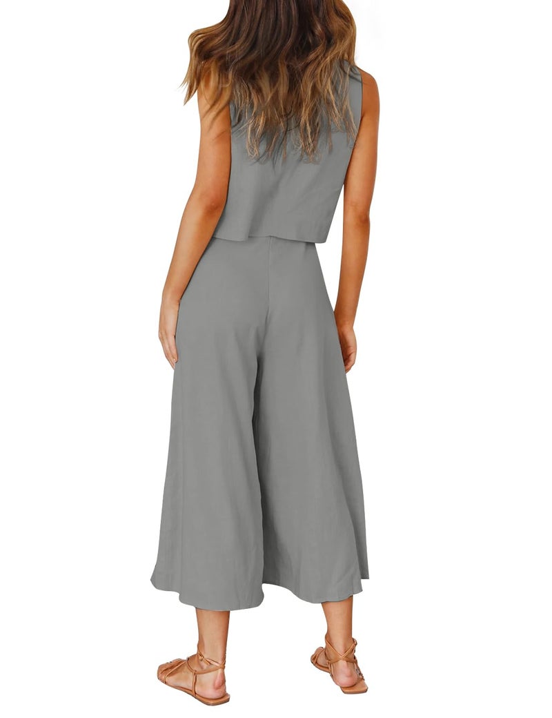 ROYLAMP Women's Summer 2 Piece Outfits Round Neck Crop Basic Top Cropped Wide Leg Pants Set Jumpsuits Gray S - Image 4