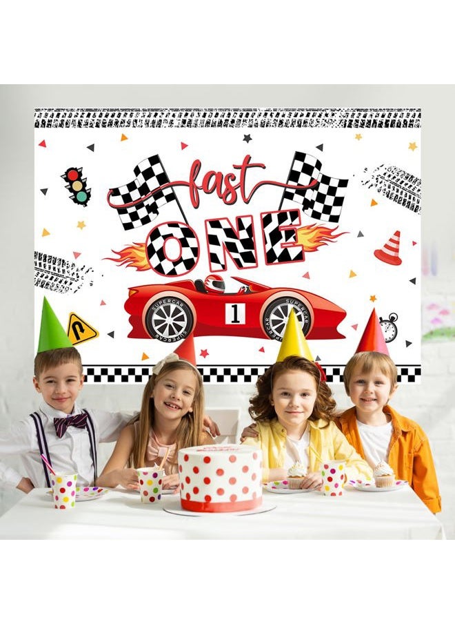 Mocsicka Fast One Birthday Backdrop Racing Car 1st Birthday Party Decor Supplies Banner for Kids Boy Cake Table Background Studio Photoshoot Props (7x5ft)(Change 3 to 1)  - Image 3