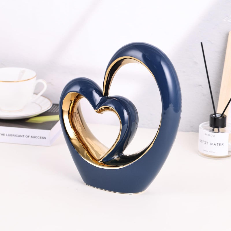 oliruim Ceramic Heart Decor Love Statue, Navy Blue Gold Double Hearts Sculptures for Home Table Centerpiece Decor, Valentine, Wedding, Decorative Items for Shelves, Coffee Table Decor (S Heart-Round) - Image 2