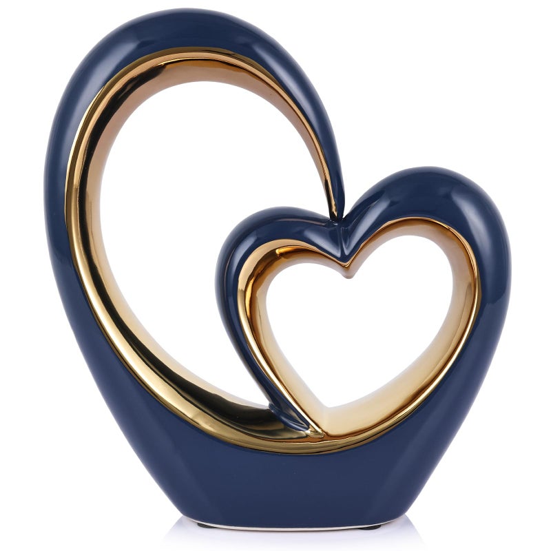 oliruim Ceramic Heart Decor Love Statue, Navy Blue Gold Double Hearts Sculptures for Home Table Centerpiece Decor, Valentine, Wedding, Decorative Items for Shelves, Coffee Table Decor (S Heart-Round) - Image 1