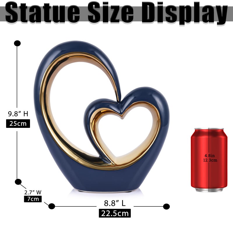 oliruim Ceramic Heart Decor Love Statue, Navy Blue Gold Double Hearts Sculptures for Home Table Centerpiece Decor, Valentine, Wedding, Decorative Items for Shelves, Coffee Table Decor (S Heart-Round) - Image 3