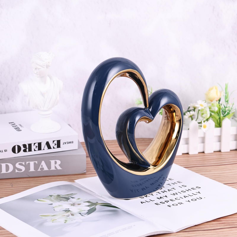 oliruim Ceramic Heart Decor Love Statue, Navy Blue Gold Double Hearts Sculptures for Home Table Centerpiece Decor, Valentine, Wedding, Decorative Items for Shelves, Coffee Table Decor (S Heart-Round) - Image 5