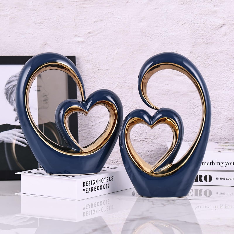 oliruim Ceramic Heart Decor Love Statue, Navy Blue Gold Double Hearts Sculptures for Home Table Centerpiece Decor, Valentine, Wedding, Decorative Items for Shelves, Coffee Table Decor (S Heart-Round) - Image 4