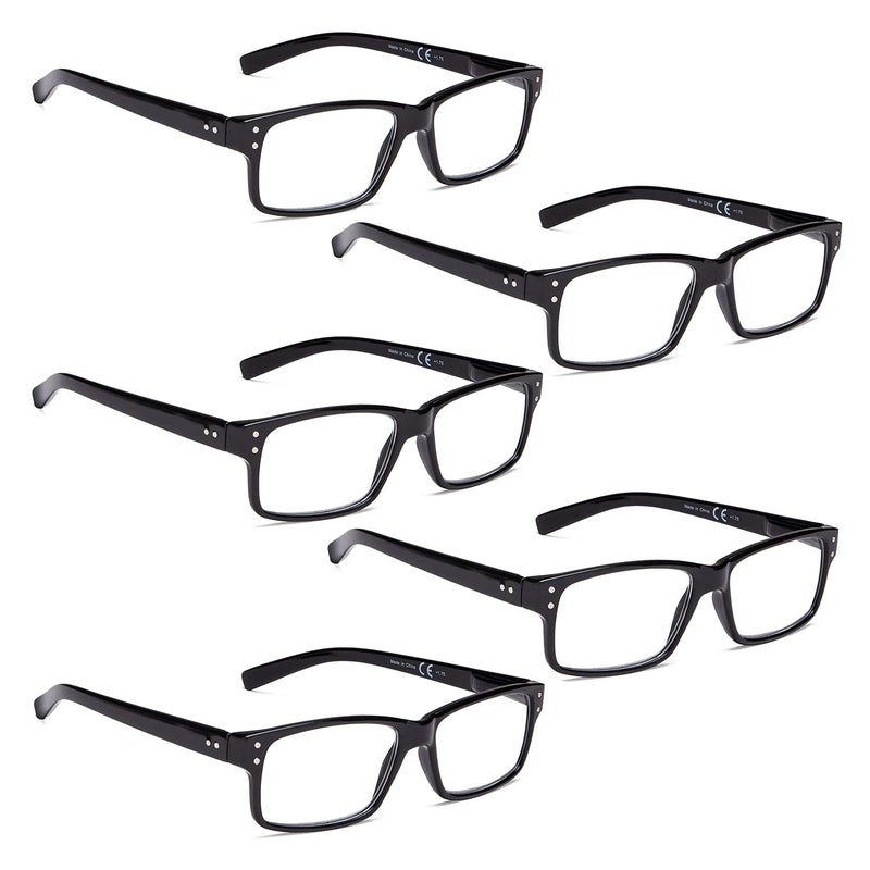 LUR READING GLASSES 5 Pack Spring Hinge Comfort Plastic Readers 5 Balck
