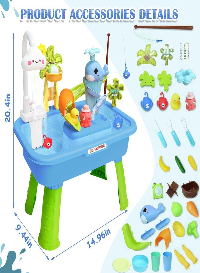 Zuffeloria Water Table for Toddlers 1-3, Play Sink for Toddlers with Waterfall Shower, Fishing Game, Whale Slide & Pretend Kitchen Toys, Summer Baby Water Toy for Outdoor Backyard Play (Blue) - Image 3