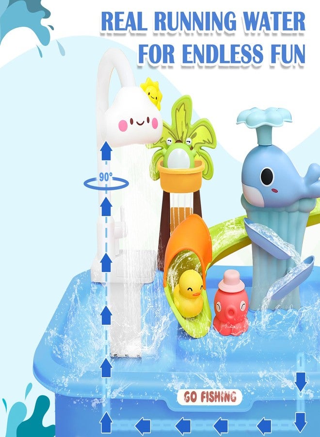 Zuffeloria Water Table for Toddlers 1-3, Play Sink for Toddlers with Waterfall Shower, Fishing Game, Whale Slide & Pretend Kitchen Toys, Summer Baby Water Toy for Outdoor Backyard Play (Blue) - Image 2