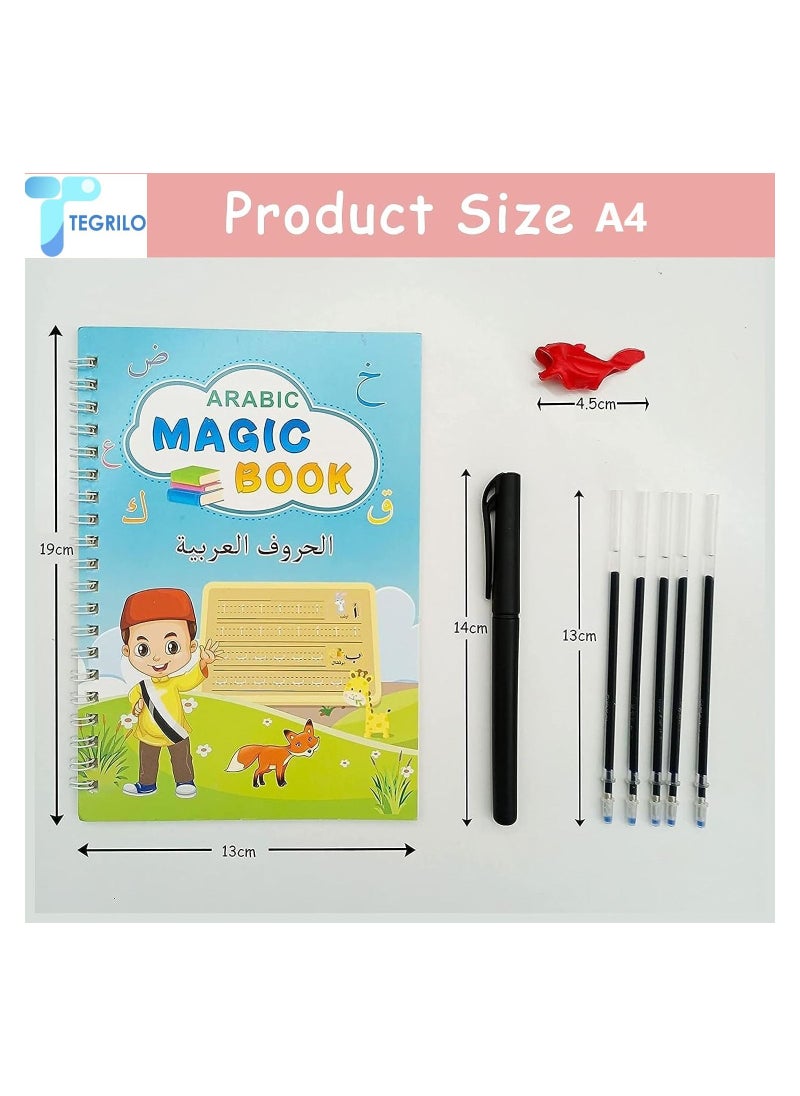 TEGRILO - Arabic Handwriting Copybook, Magic Calligraphy Practice Book For Kids, Reusable Tracing Practice kit. Included Easy Grip Pen & Refill 4 books Math Numbers Arabic Alphabet Drawing (A4) - Image 1