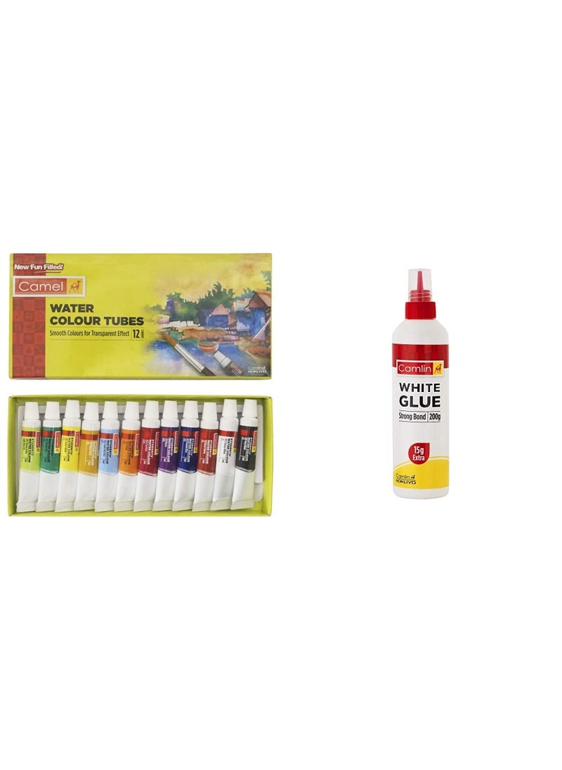 camel Camel Camlin Kokuyo Student Water Color Tube - 5Ml Each, 12 Shades & Camlin Strong Bond Glue (White) 200G with 15G Extra  - Image 1
