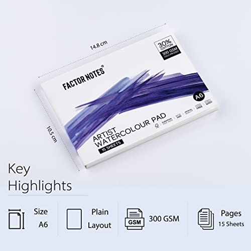 Factor Notes Artist Watercolour Pad: 30% Cotton, 300 GSM, Cold Pressed, Acid-Free Tearable Paper (A6) Acrylic, Oil - Image 2