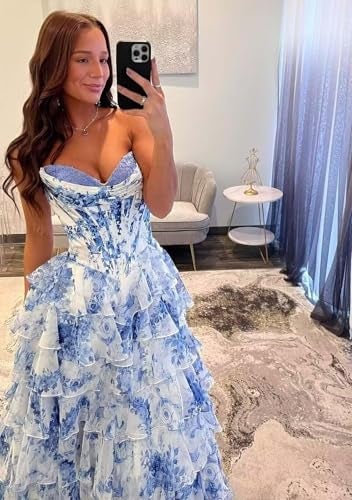 FoinLuve Ruffle Prom Dress Corset Tiered 2026 Strapless Long Chiffon Formal Evening Gown with Slit White Blue 00 - Image 2