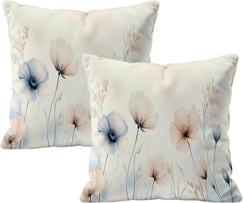 Identiy Watercolor Poppy Flowers Throw Pillow Cover 18x18 Inch Pack of 2, Blooming Floral Leaves Decorative Pillow Case, Lumar Cushion Cases Pillow Cover for Home Sofa Couch Indoor Outdoor - Image 1