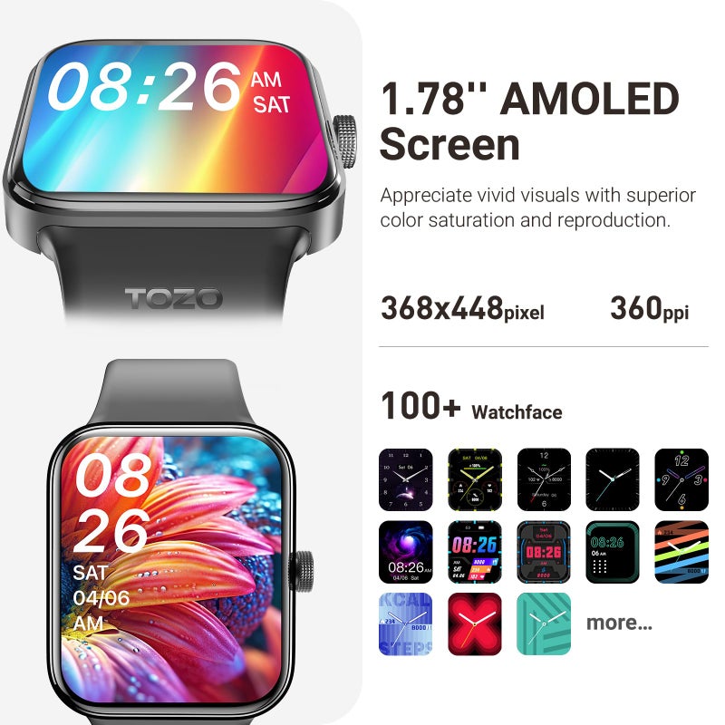 TOZO ساعة TOZO AMOLED S4 AcuFit الذكية 1.78" بشاشة فائقة الوضوح للرجال والنساء، تتبع اللياقة البدنية، مراقب معدل ضربات القلب والنوم والأكسجين في الدم، مقاومة للماء IP68 لنظام iOS 11.0+ وAndroid 9.0+ باللون الأسود - Image 2