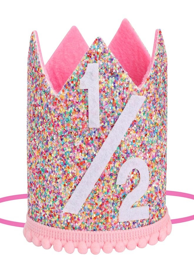 Eoopoon 1/2 Birthday Rainbow Crown Hat for Baby, Glitter Half Crown Hat, Boy Girl Birthday Party Photo Props, Girls Pink Hair Decoration(Pink1/2) - Image 1