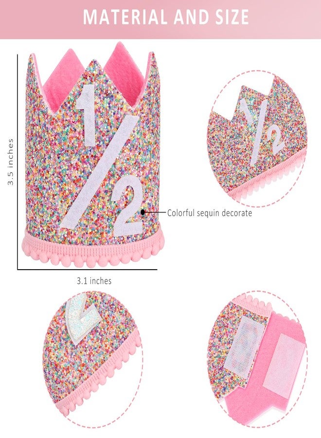 Eoopoon 1/2 Birthday Rainbow Crown Hat for Baby, Glitter Half Crown Hat, Boy Girl Birthday Party Photo Props, Girls Pink Hair Decoration(Pink1/2) - Image 2