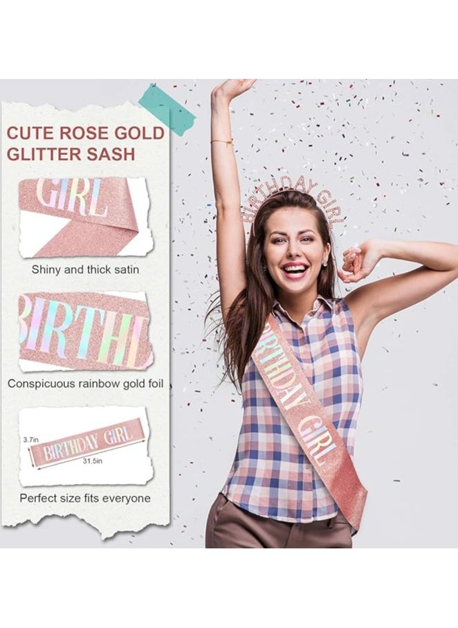 Eworld Rose Gold Birthday Crown and Sash Set for Girls, Princess Rhinestone Tiara and Glitter Birthday Girl Headband, Perfect Birthday Gifts and Accessories for Women  - Image 4