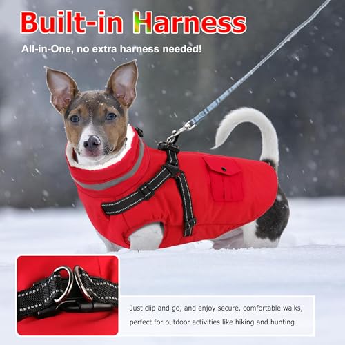 Dogcheer Dog Coat with Harness Waterproof Warm Dog Winter Jacket with Pockets Reflective Pet Fleece Jacket Turtleneck Snowsuit for Small Medium Large Dogs Red XS - Image 3