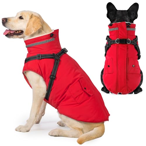 Dogcheer Dog Coat with Harness Waterproof Warm Dog Winter Jacket with Pockets Reflective Pet Fleece Jacket Turtleneck Snowsuit for Small Medium Large Dogs Red XS - Image 1