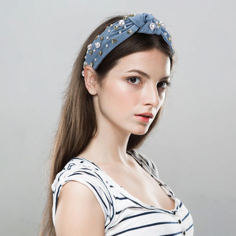 WantGor Pearl Knotted Headband, Women Rhinestone Embellished Hairband Elegant Wide Top Knot Bride Headbands Headpieces Party Fashion Elegant Ladies Hair Band Hair Hoop Accessories (Denim blue) - Image 4