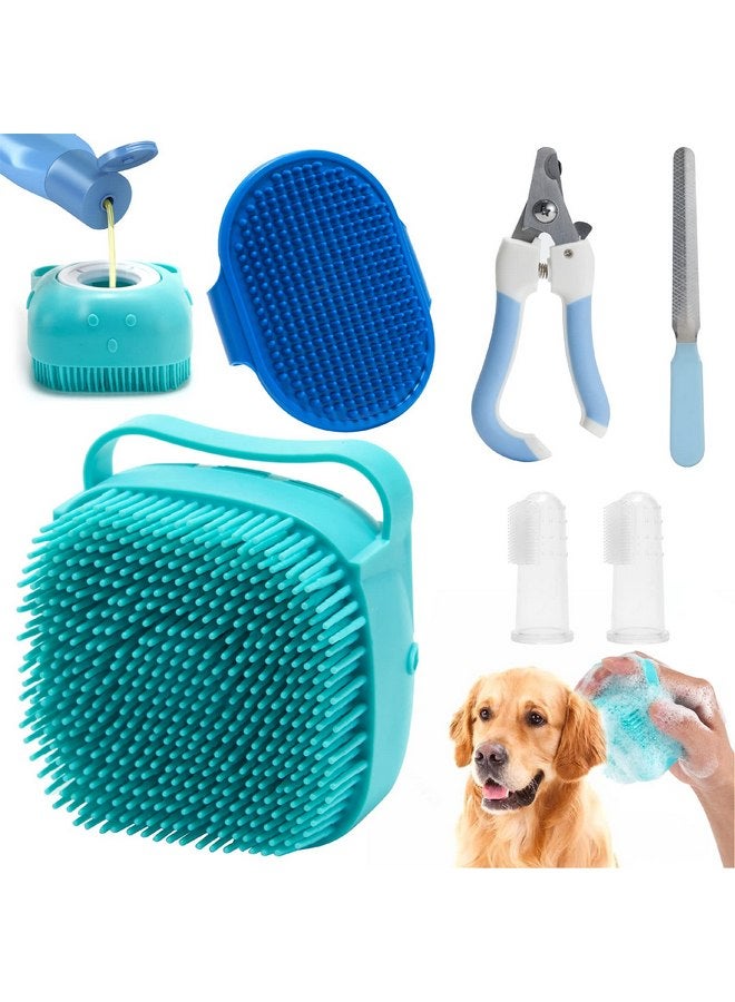 WOBEVB 6Pcs Silicone Pet Grooming Set: Bath Massage Dispenser Brush, Finger Toothbrush, Nail Clippers and File for Dogs and Cats - Image 1
