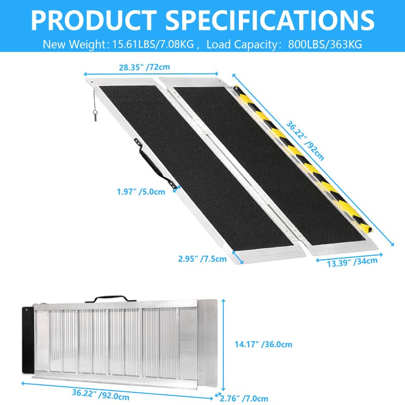 THDUGG 3FT Portable Wheelchair Ramp, Non-Slip Aluminum Folding Handicap Ramp, 800 LBS Capacity Door Threshold Ramps for Home Steps, Scooter Ramp for Car, Doorways, Curbs, Stairs, Cart, Wheel Chair Steps - Image 2