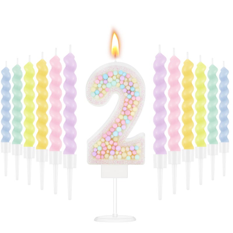 MTLEE Number 2 Birthday Candle with 12 Pcs Spiral Candles for Girls Macaron Pastel Rainbow Unicorn Pink Cake Topper for Sweet Theme Party Decoration
