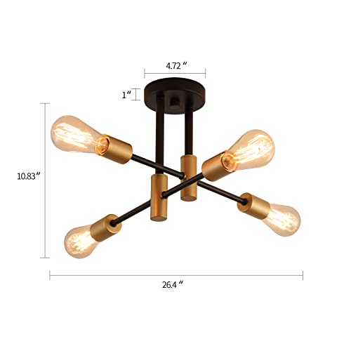 MEIXISUE Black and Gold Modern Sputnik Chandelier Ceiling Light Fixtures,4-Lights Mid Century Industrial Metal Semi Flush Mount Ceiling Lights for Bedroom Kitchen Hallway Entryway Office UL Listed - Image 5