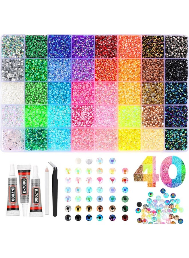 40 Colors 32000Pcs Resin Jelly Rhinestones for Bedazzling, Multicolor 3mm Flatback Gems for Diamond Art, Bedazzler Kit with 3Pcs 10ml B7000 Jewelry Glue for Nail Art Crafting Book Makeup