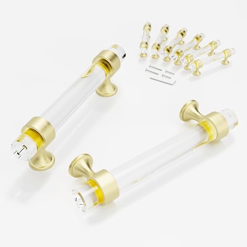 CEYMIO Cabinets Handles Crystal Kitchen Cabinet Knobs 6 Pack Dresser Hole Center 96mm Brushed Gold Brass Pulls Glass Closet Drawer Drawers Cupboard Hardware Bathroom Bedroom Pull 3 34 inch - Image 1