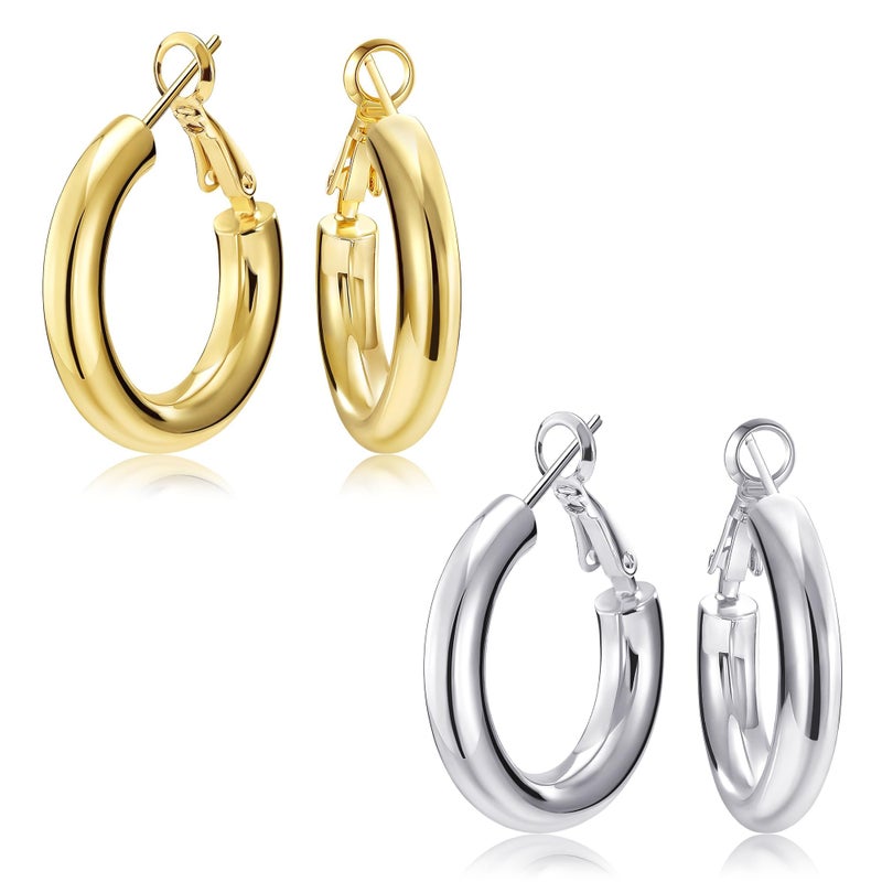 SHOWNII Chunky Gold Hoop Earrings - 14K Gold Plated Earrings for Women Hollow Tube Thick Hoops Graduation Gifts for Her - Image 1