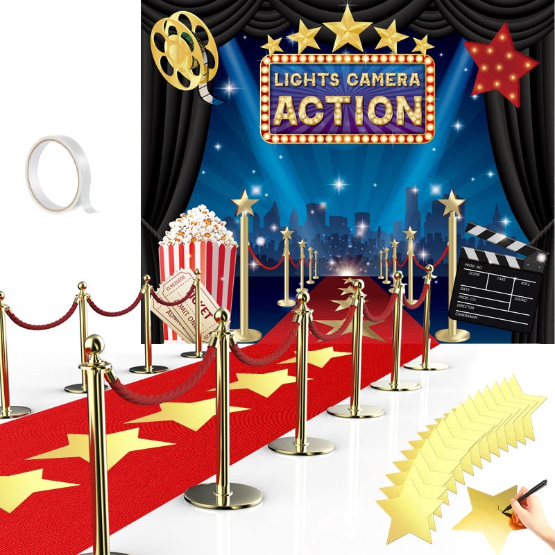 Frienda 6 x 5 ft Movie Theme Photography Backdrop Red Carpet Party Decorations Red Runner 26 x 15 ft with Carpet Tape and 24 Pieces 8 Inch Star Paper Cutouts for Party Decoration Supply