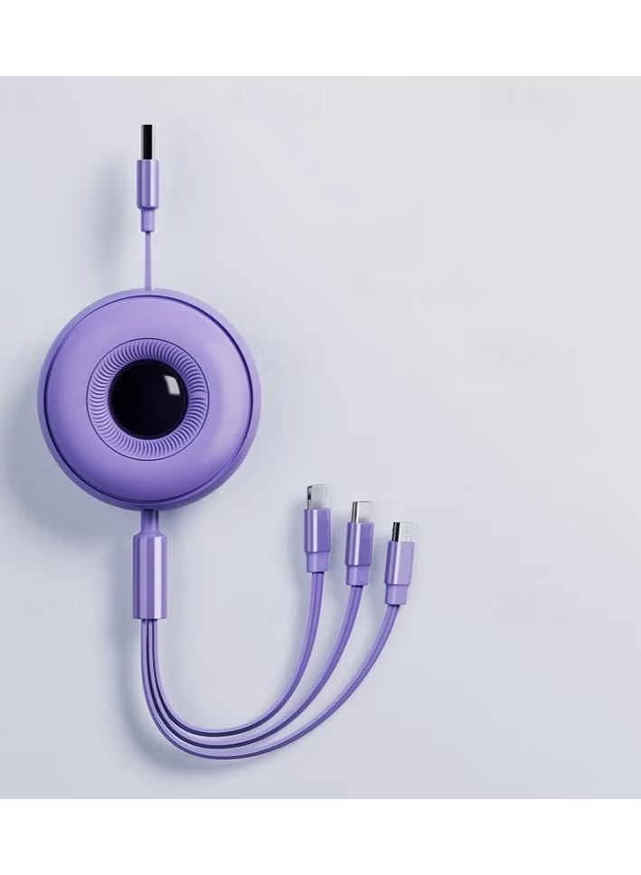 ATA Super Fast Charging 66W 3-in-1 Retractable Data Cable – USB to Micro, Lightning & Type-C (Round Model, Purple) - Image 1