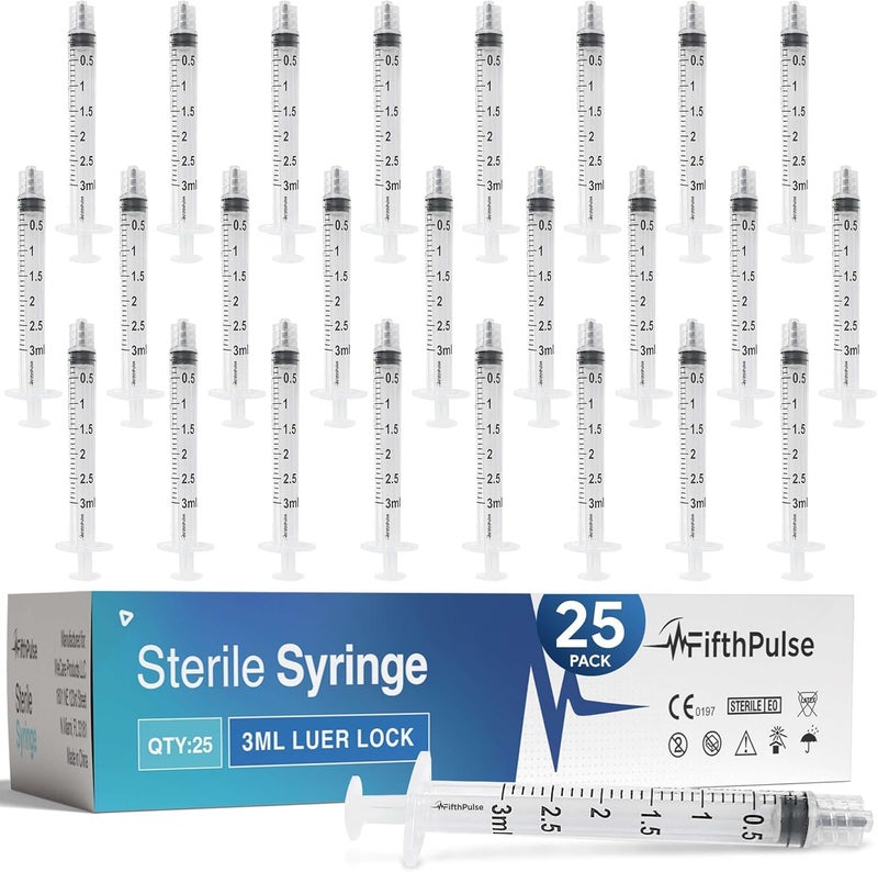 FifthPulse 3 ml Syringe without Needle - 25 Pack of Individually Wrapped Disposable Syringes - Good for Medical, Scientific Lab, Home Use, and More - Sterile Luer Lock Syringes Worldwide simple practical design - Image 1
