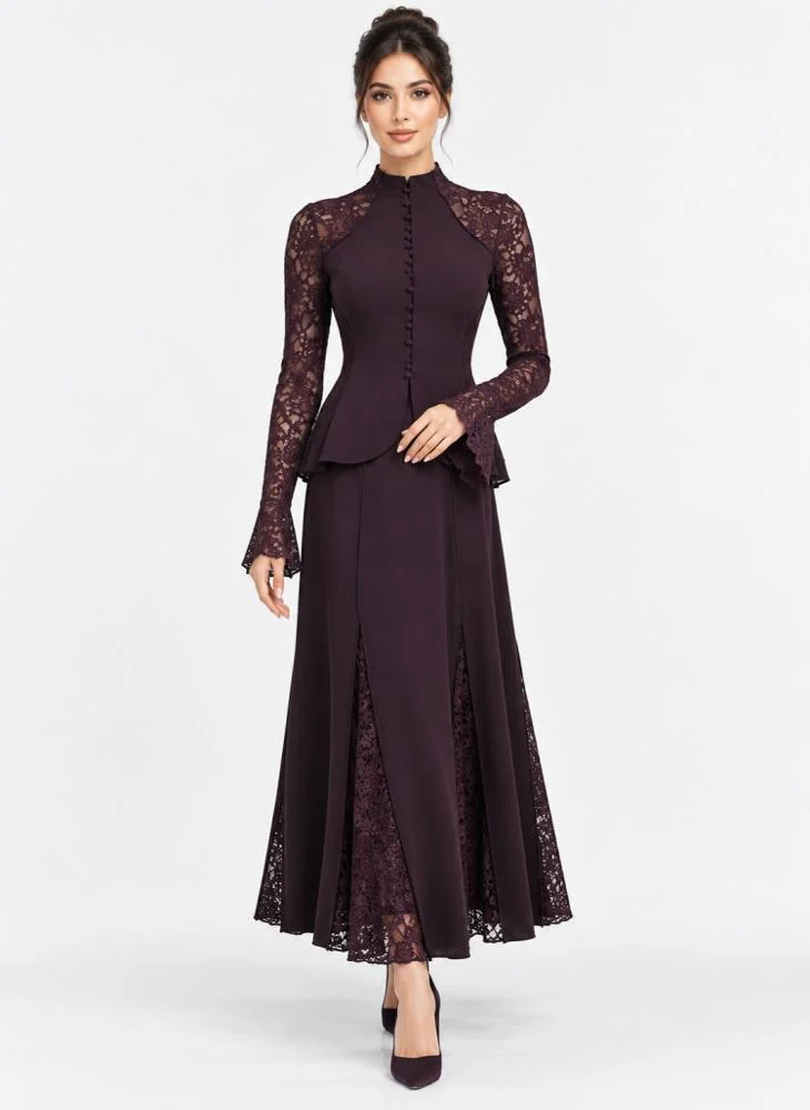 Opera Fashion Dark Purple Wool Blend Lace Blouse and Skirt Set