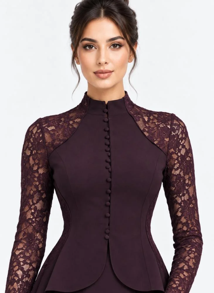 Opera Fashion Dark Purple Wool Blend Lace Blouse and Skirt Set