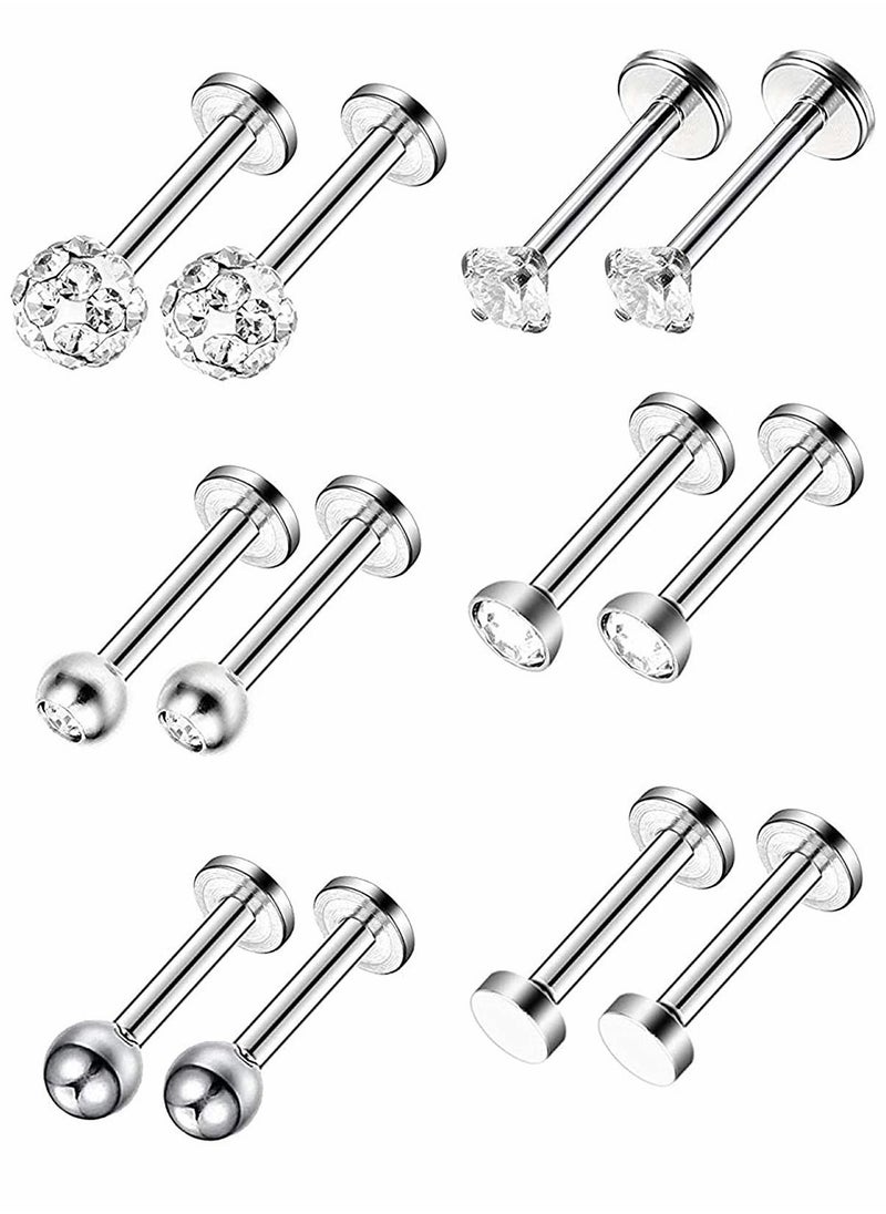 Excefore - 6 Pairs Stainless Steel Nose Studs Tragus Bars Labret Bars Crystal Ball Body Piercing Jewelry, Nose Lips Piercing Assorted Design Piercing Jewelry, 6 Designs, 16 Gauge - Image 1
