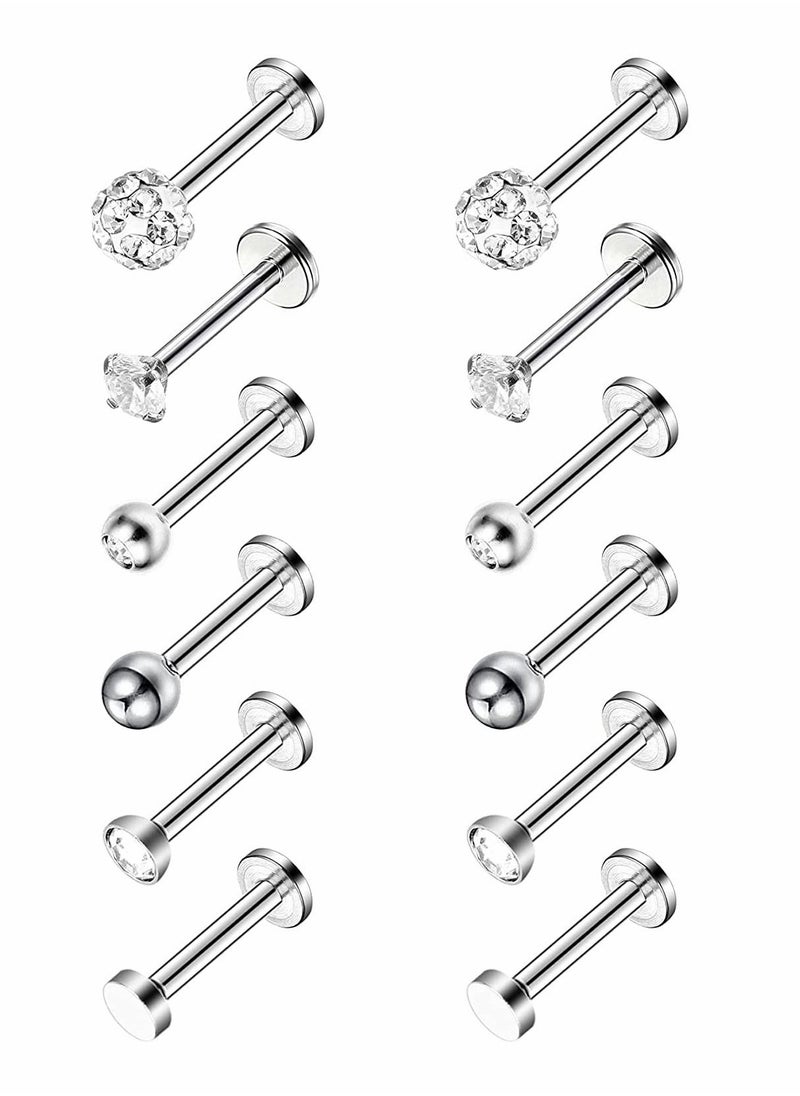 Excefore - 6 Pairs Stainless Steel Nose Studs Tragus Bars Labret Bars Crystal Ball Body Piercing Jewelry, Nose Lips Piercing Assorted Design Piercing Jewelry, 6 Designs, 16 Gauge - Image 1