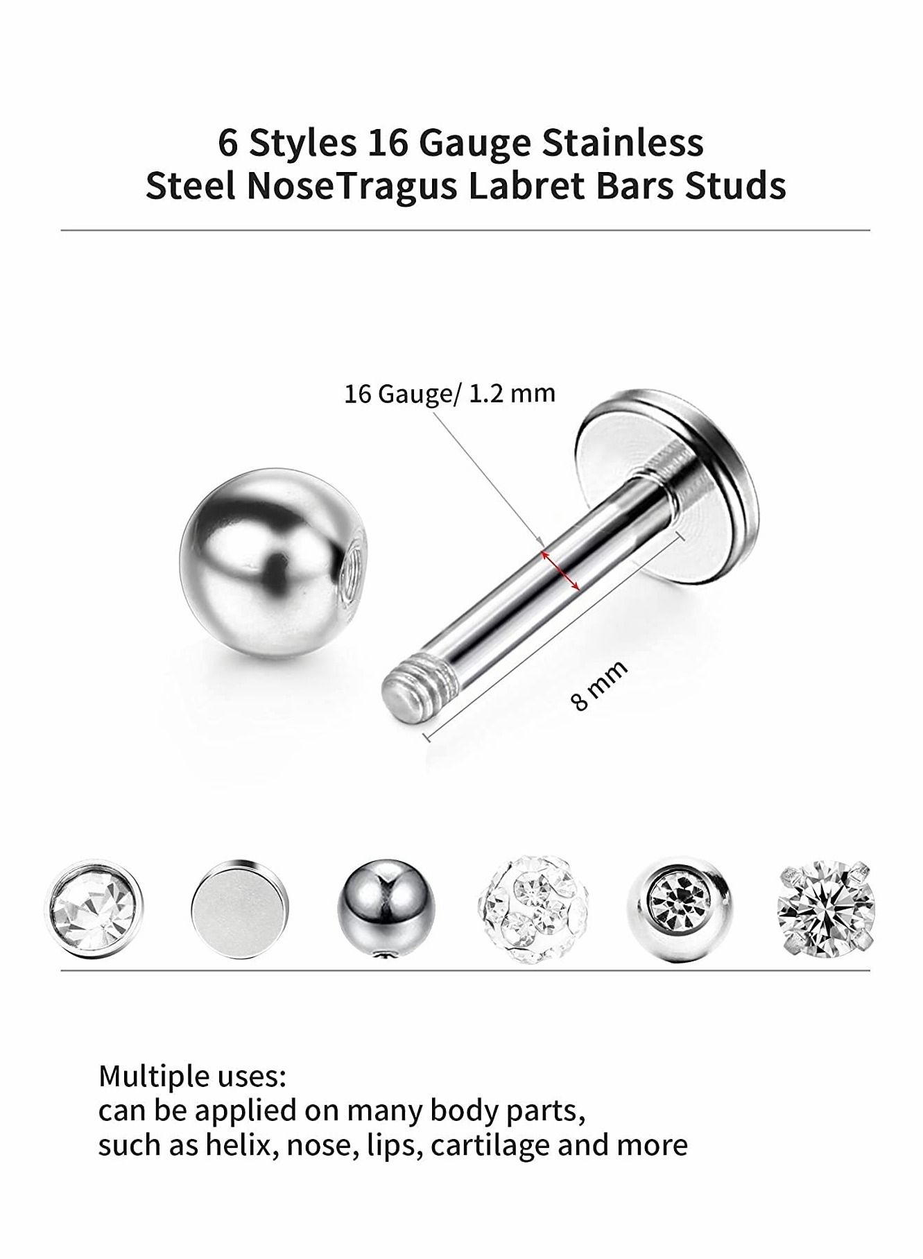 6 Pairs Stainless Steel Nose Studs Tragus Bars Labret Bars Crystal Ball Body Piercing Jewelry, Nose Lips Piercing Assorted Design Piercing Jewelry, 6 Designs, 16 Gauge 