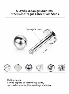 Excefore 6 Pairs Stainless Steel Nose Studs Tragus Bars Labret Bars Crystal Ball Body Piercing Jewelry, Nose Lips Piercing Assorted Design Piercing Jewelry, 6 Designs, 16 Gauge  - Image 4