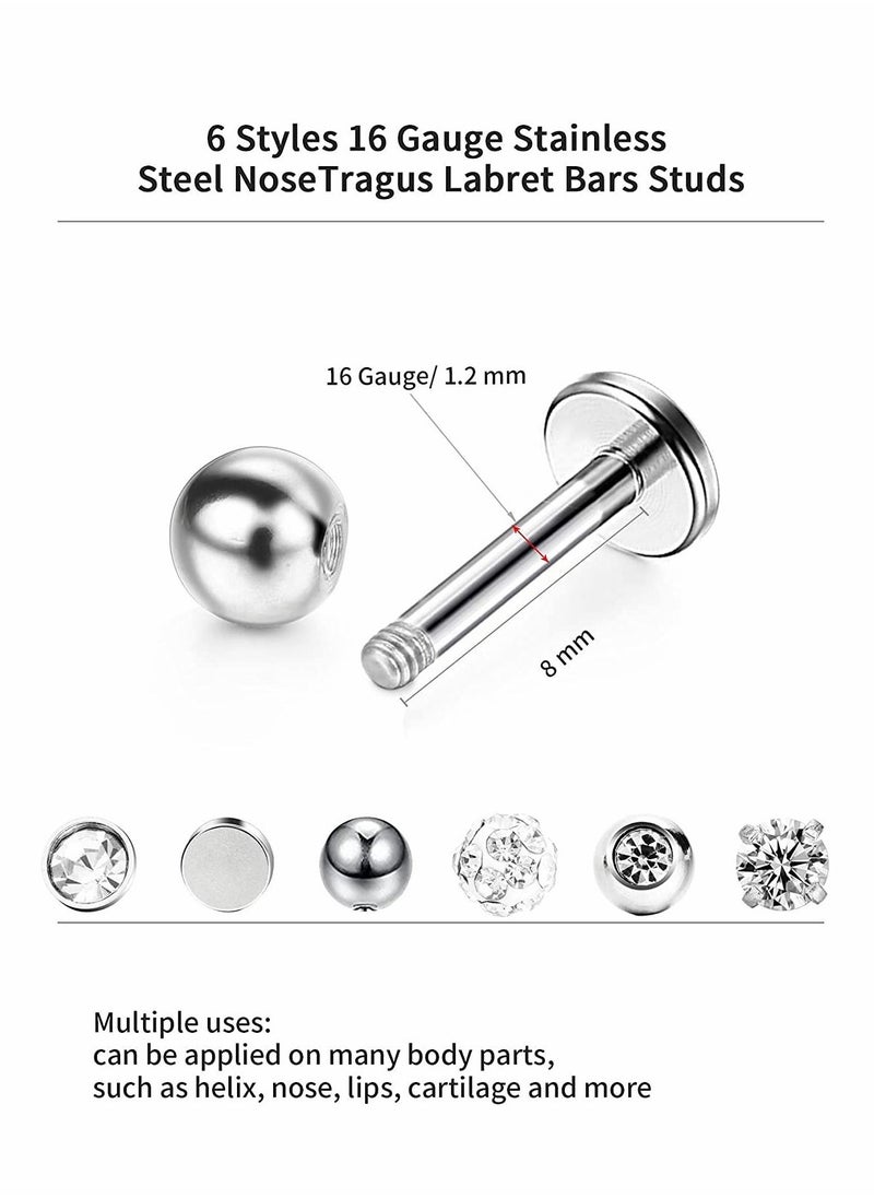 Excefore - 6 Pairs Stainless Steel Nose Studs Tragus Bars Labret Bars Crystal Ball Body Piercing Jewelry, Nose Lips Piercing Assorted Design Piercing Jewelry, 6 Designs, 16 Gauge - Image 1
