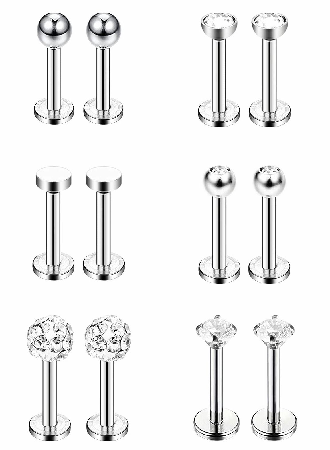 6 Pairs Stainless Steel Nose Studs Tragus Bars Labret Bars Crystal Ball Body Piercing Jewelry, Nose Lips Piercing Assorted Design Piercing Jewelry, 6 Designs, 16 Gauge 